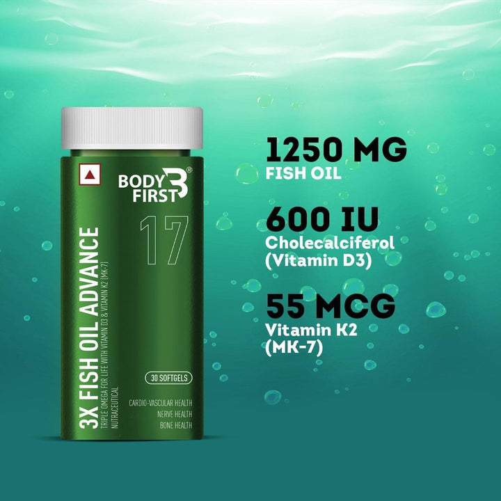 3X FISH OIL ADVANCE with Vitamin D3 and Vitamin K2 for Cardio-vascular Health and Bone Health.